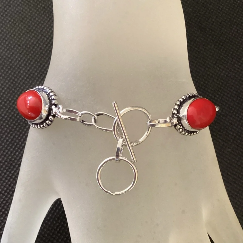 Sterling Silver 925 Coral Link Chain Bracelet - Picture 2 of 12